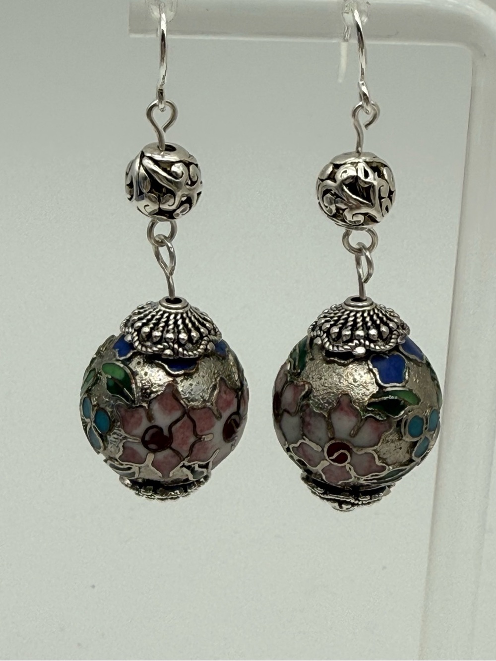 Cloisonné Floral Drop Earrings - Silver with Pink, Blue & Green